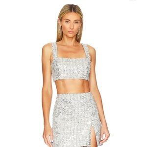 Amanda Uprichard Silver Sequin Crop Top and Skirt Set